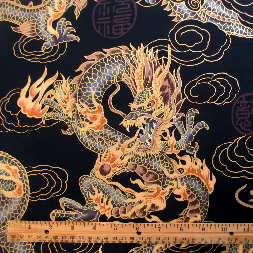 Dragon Fabric, Asian Fire Dragons on Black with Gold Metallic, By The Yard
