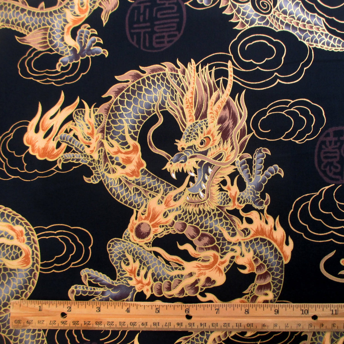 Dragon Fabric, Asian Fire Dragons on Black with Gold Metallic, By The Yard