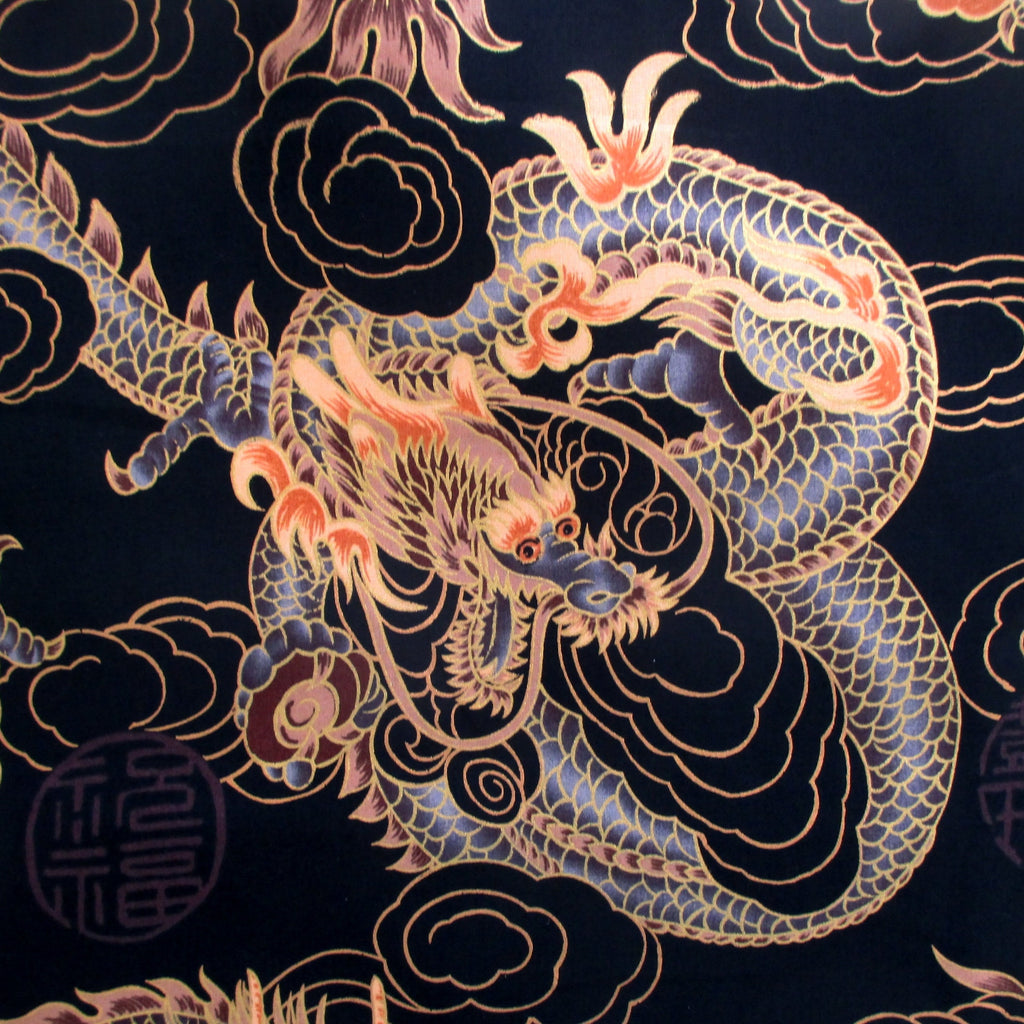 Dragon Fabric, Asian Fire Dragons on Black with Gold Metallic, By The Yard