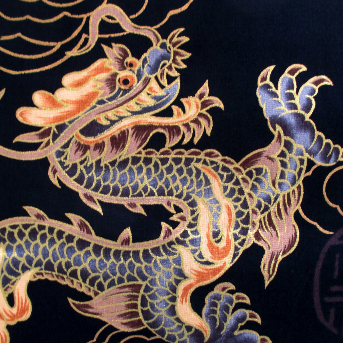 Dragon Fabric, Asian Fire Dragons on Black with Gold Metallic, By The Yard