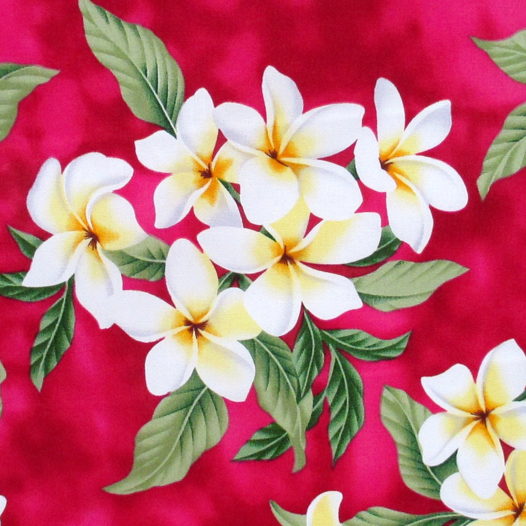 Fabric, White Plumeria Bouquet on Deep Pink, Tropical Hawaiian, By the Half or Full Yard