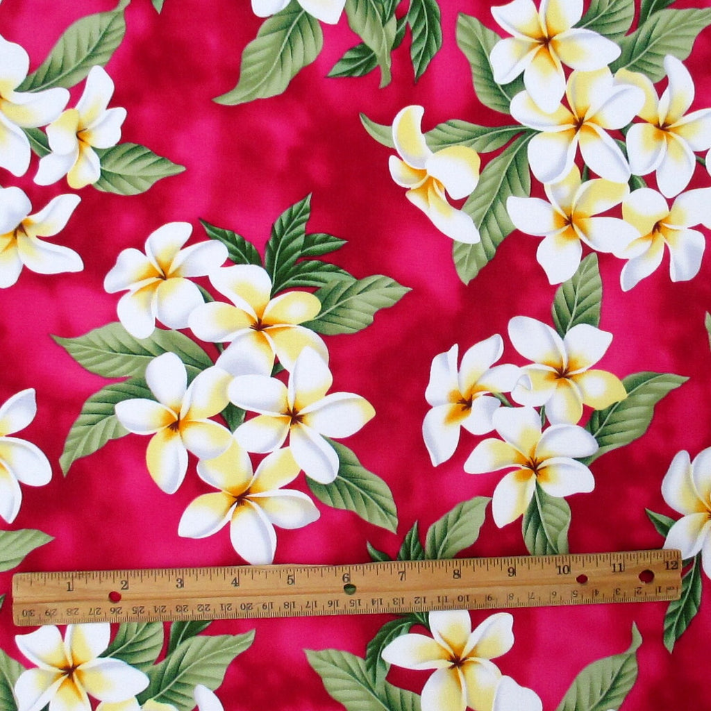 Fabric, White Plumeria Bouquet on Deep Pink, Tropical Hawaiian, By the Half or Full Yard
