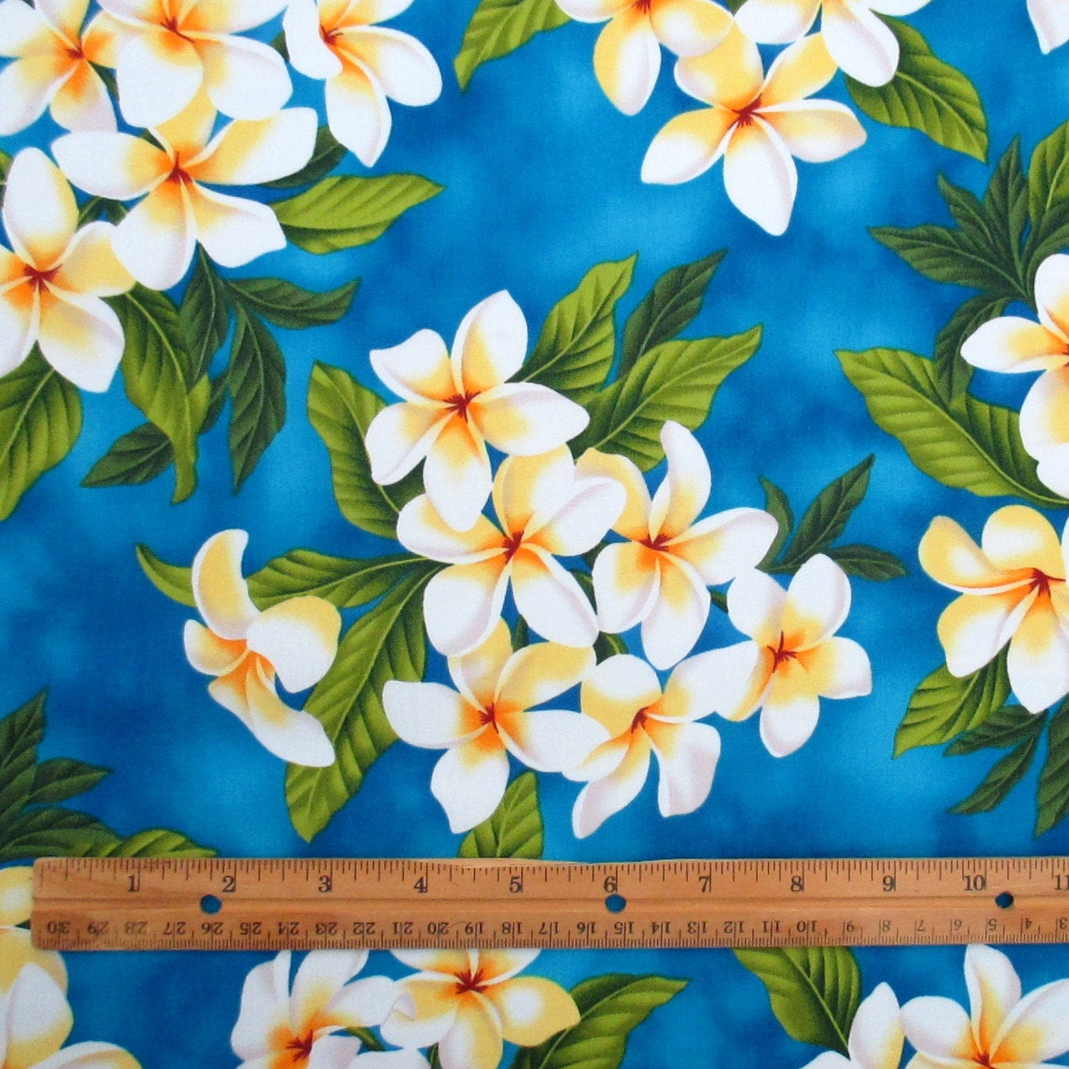 Fabric, White Plumeria Bouquet on Turquoise, Tropical Hawaiian, By the Half or Full Yard