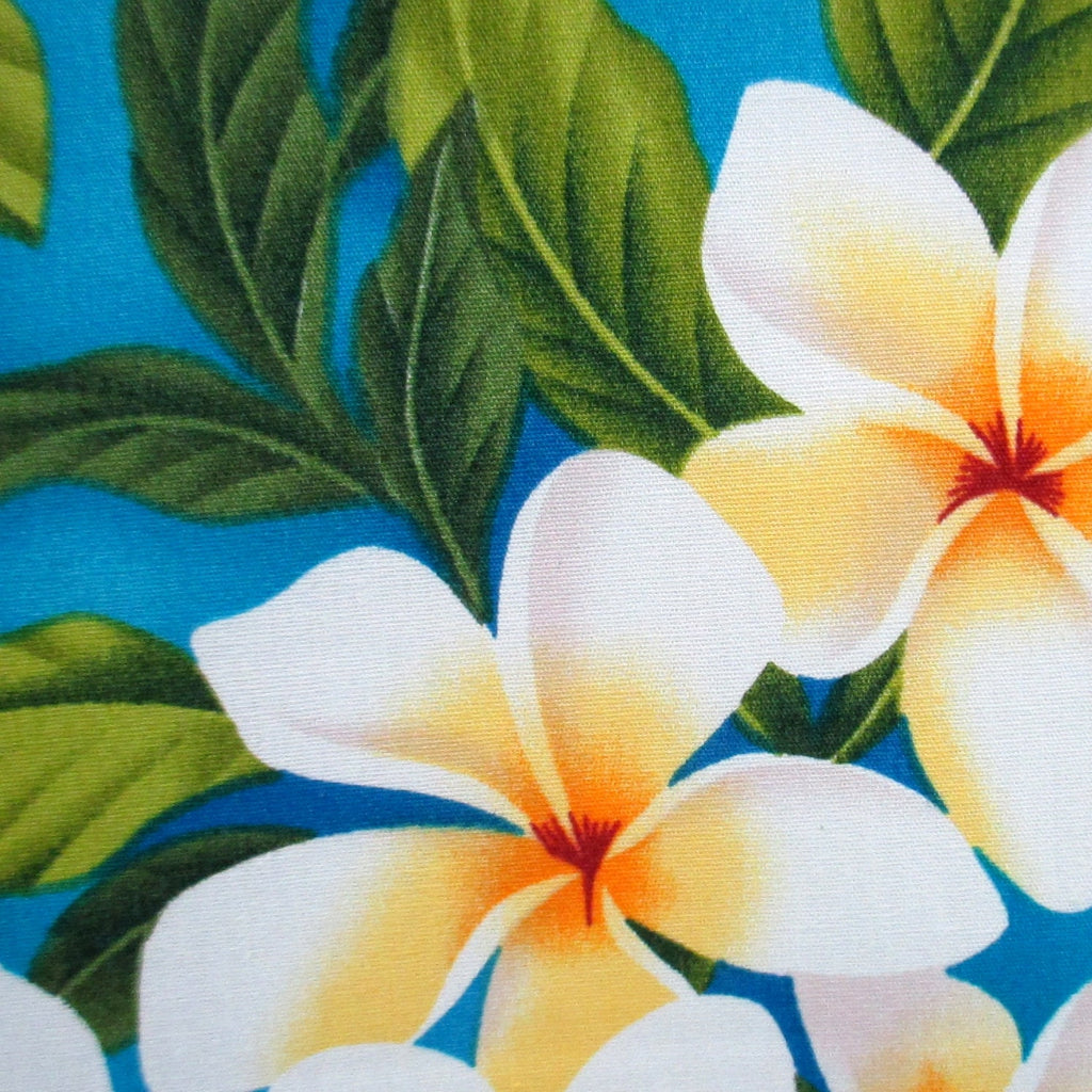 Fabric, White Plumeria Bouquet on Turquoise, Tropical Hawaiian, By the Half or Full Yard