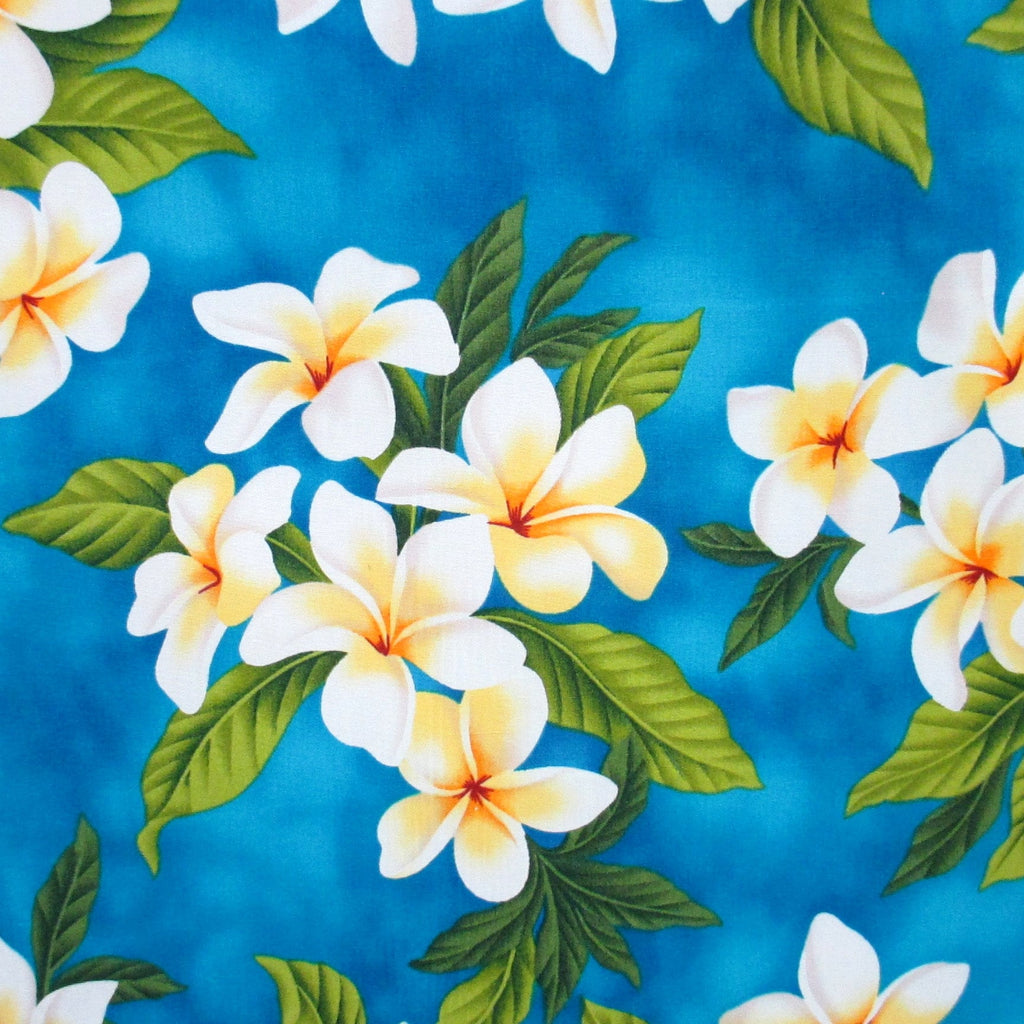 Fabric, White Plumeria Bouquet on Turquoise, Tropical Hawaiian, By the Half or Full Yard