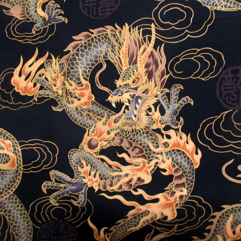 Dragon Fabric, Asian Fire Dragons on Black with Gold Metallic, By The Yard