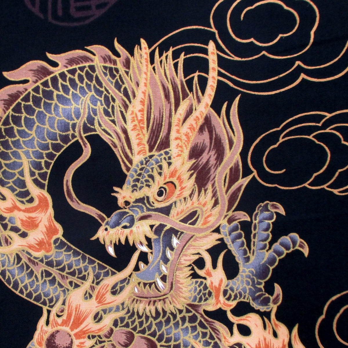 Dragon Fabric, Asian Fire Dragons on Black with Gold Metallic, By The Yard