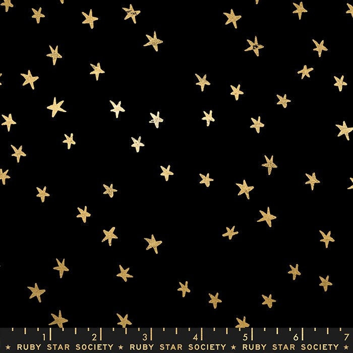 Star Fabric, Starry on Black Gold by Ruby Star Society, By the Half or Full Yard