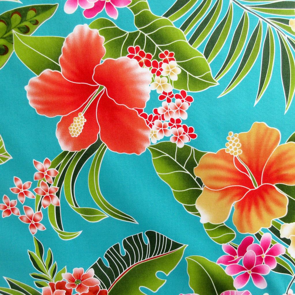 Fabric, Big Island Floral Hibiscus in Turquoise, Hawaiian Tropical, By the Yard
