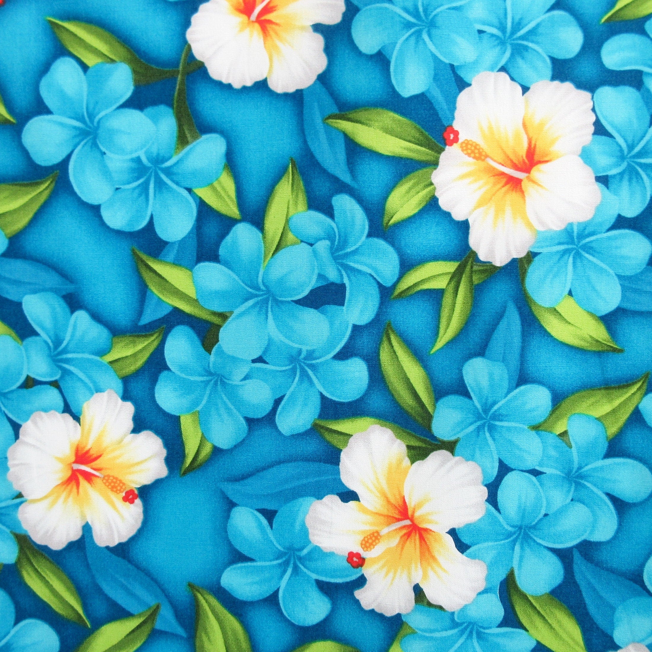 Fabric, Aloha Island Floral in Turquoise, Tropical Hawaiian, By the Half or Full Yard