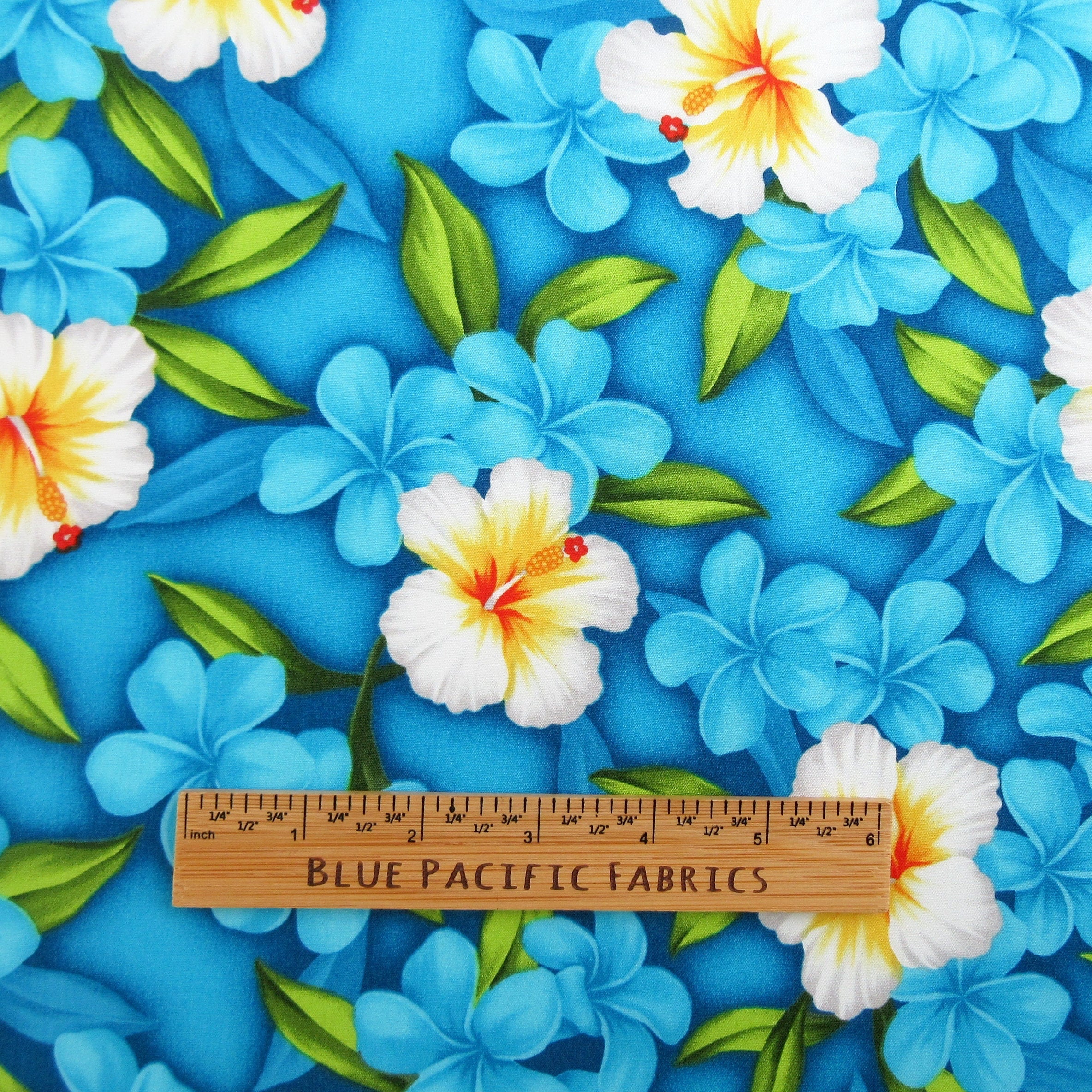 Fabric, Aloha Island Floral in Turquoise, Tropical Hawaiian, By the Half or Full Yard