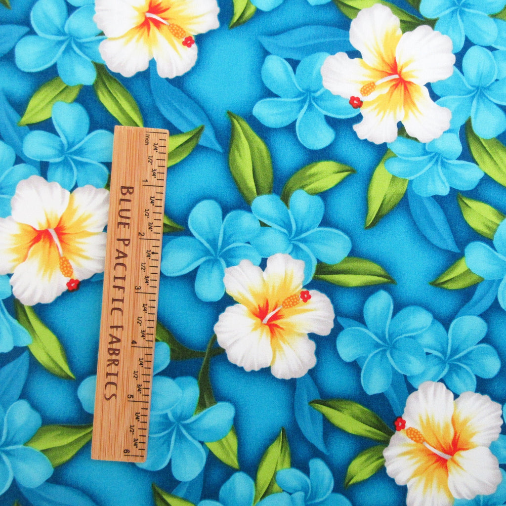 Fabric, Aloha Island Floral in Turquoise, Tropical Hawaiian, By the Half or Full Yard