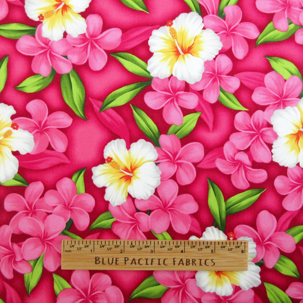 Fabric, Aloha Island Floral in Deep Pink, Tropical Hawaiian, By The Half and Full Yard