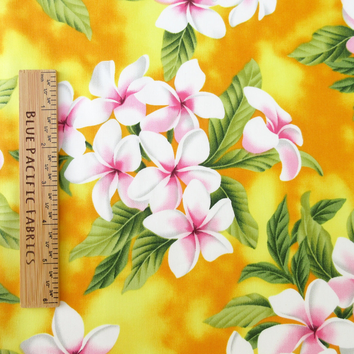 Fabric, White Plumeria Bouquet on Yellow, Tropical Hawaiian, By the Half or Full Yard