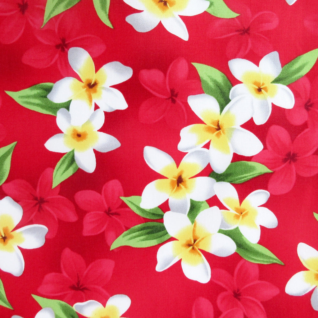 Fabric, Pacific Rim Plumeria on Christmas Red, Tropical Hawaiian, By the Half and Full Yard