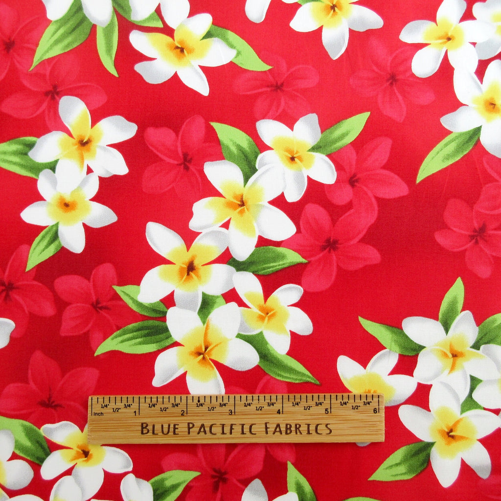 Fabric, Pacific Rim Plumeria on Christmas Red, Tropical Hawaiian, By the Half and Full Yard