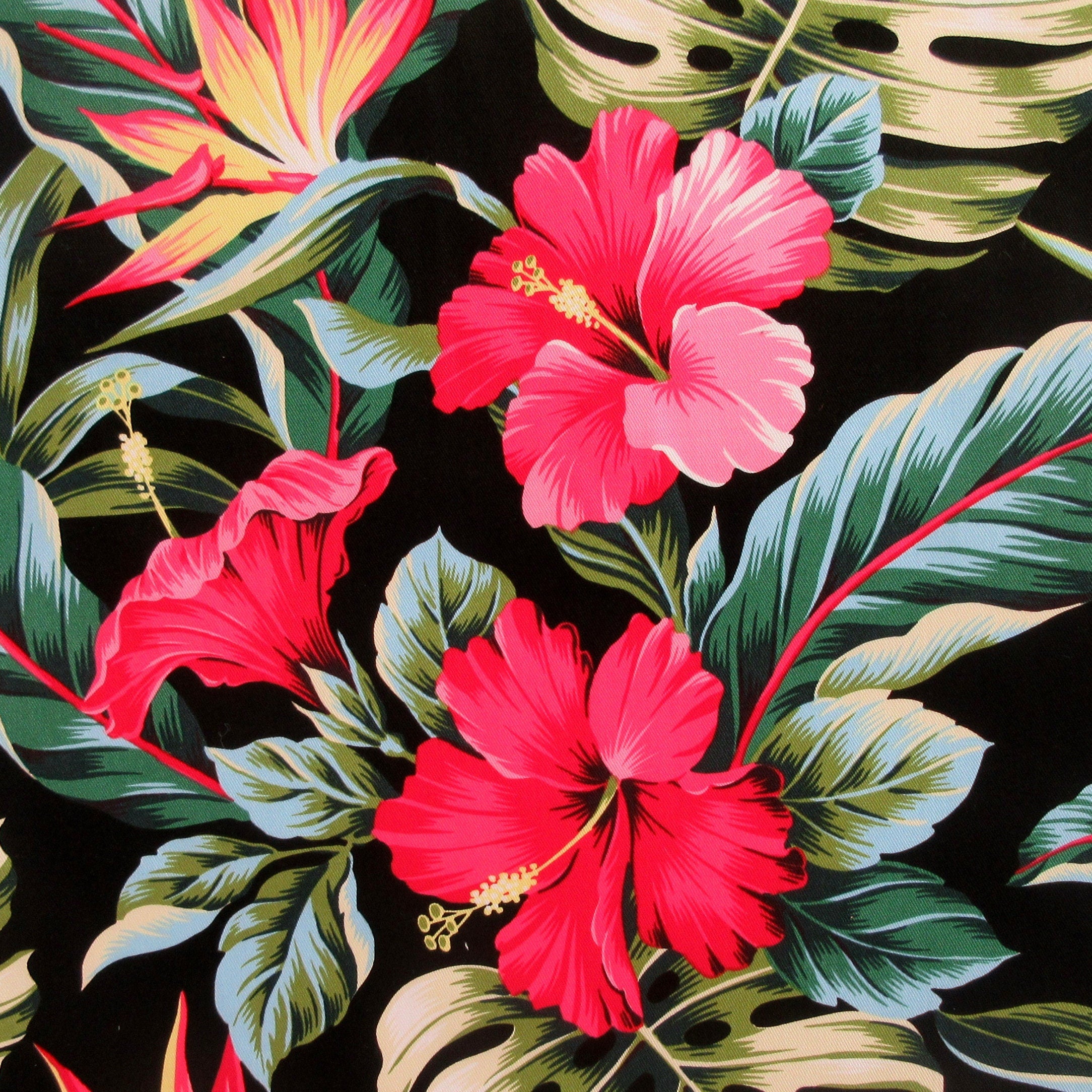 Hawaii Fabric, COTTON TWILL, Tropic Isle Hibiscus Floral on Black, By The Yard