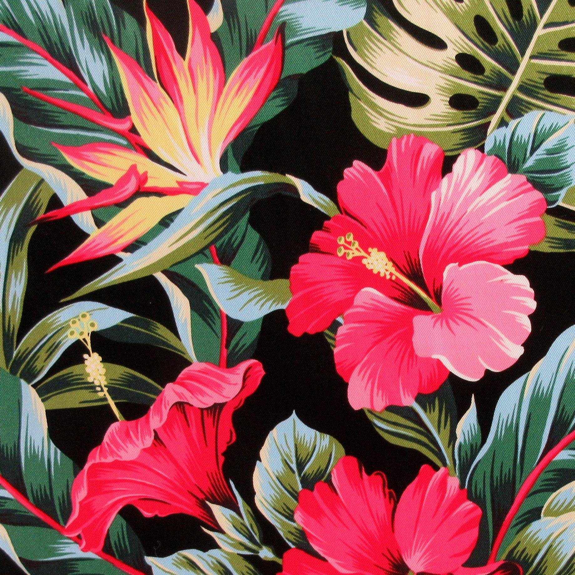 Hawaii Fabric, COTTON TWILL, Tropic Isle Hibiscus Floral on Black, By The Yard