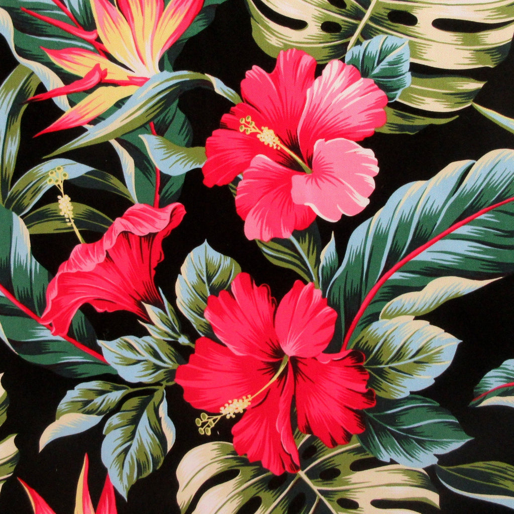 Hawaii Fabric, COTTON TWILL, Tropic Isle Hibiscus Floral on Black, By The Yard