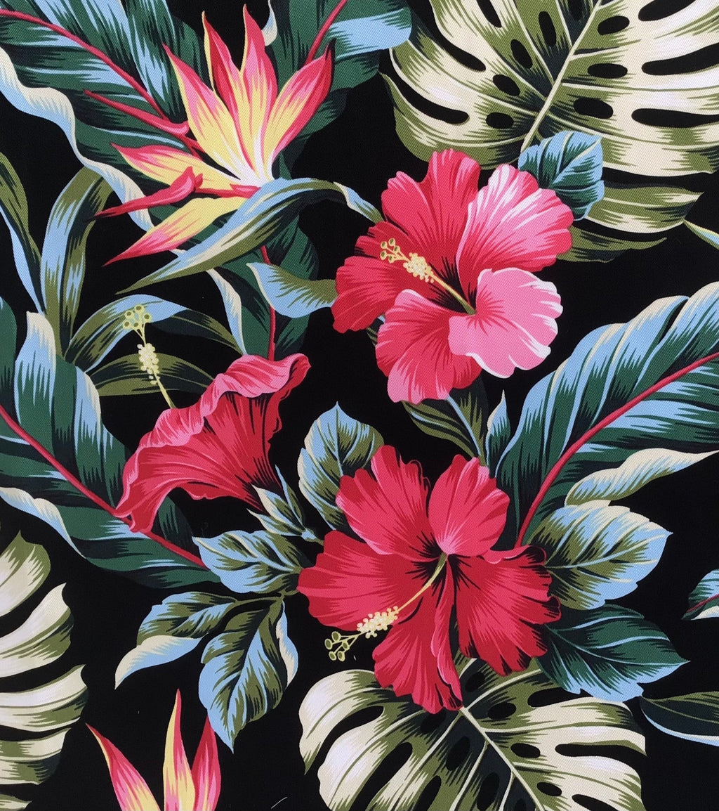 Hawaii Fabric, COTTON TWILL, Tropic Isle Hibiscus Floral on Black, By The Yard