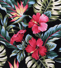Hawaii Fabric, COTTON TWILL, Tropic Isle Hibiscus Floral on Black, By The Yard