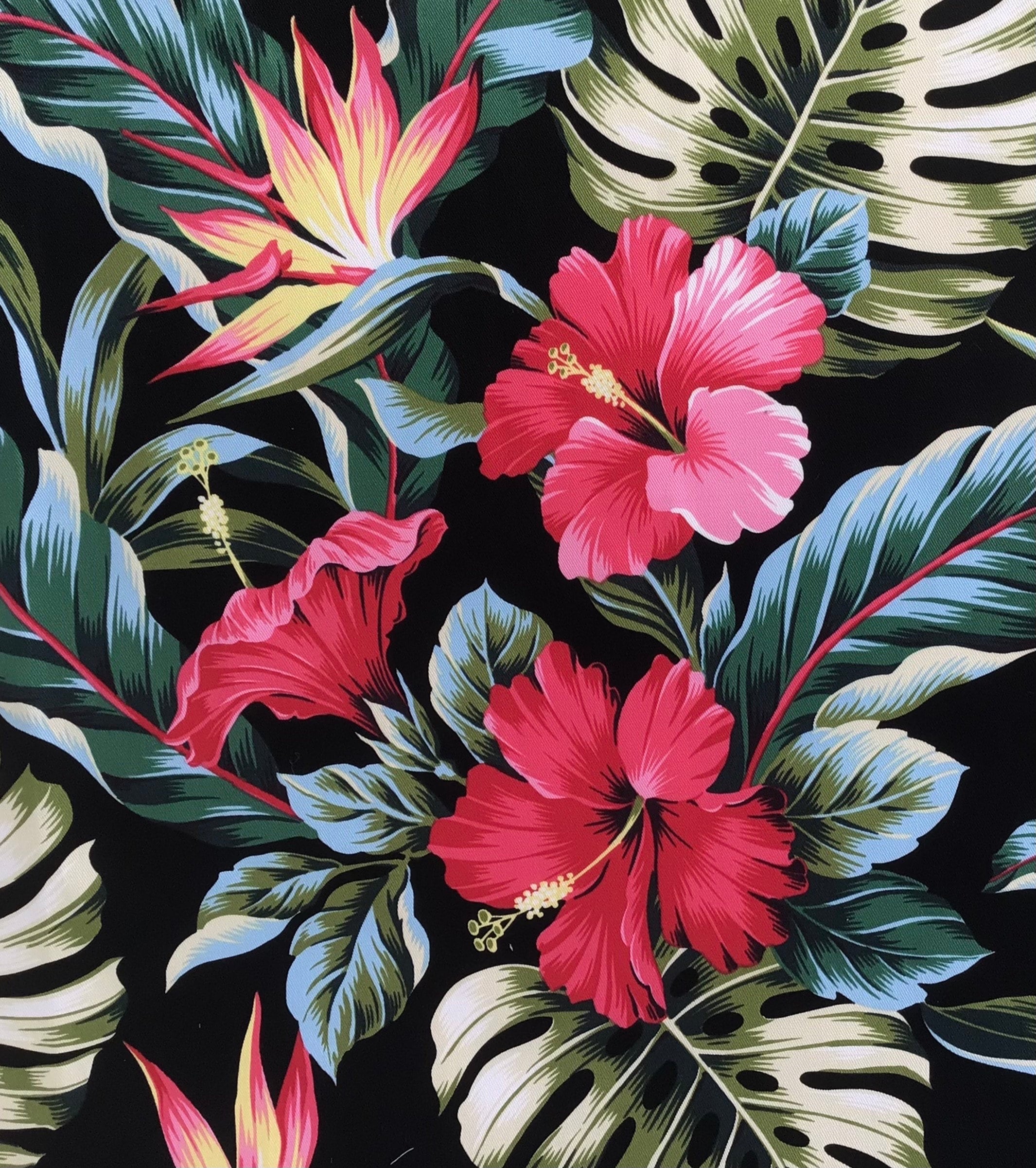 Hawaii Fabric, COTTON TWILL, Tropic Isle Hibiscus Floral on Black, By The Yard