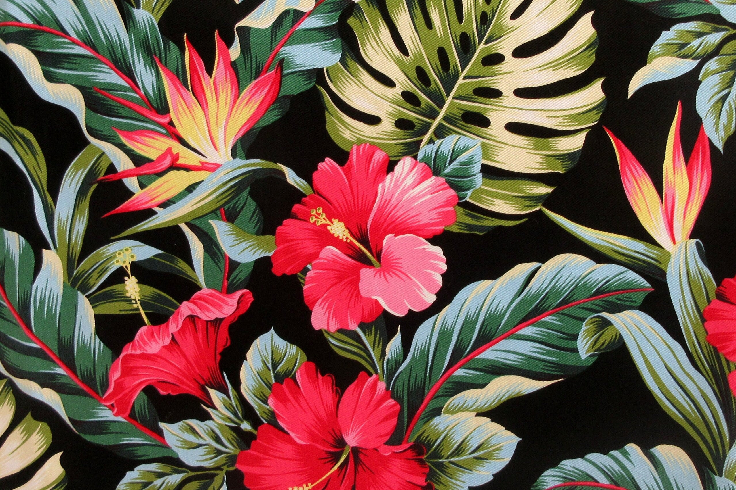 Hawaii Fabric, COTTON TWILL, Tropic Isle Hibiscus Floral on Black, By The Yard