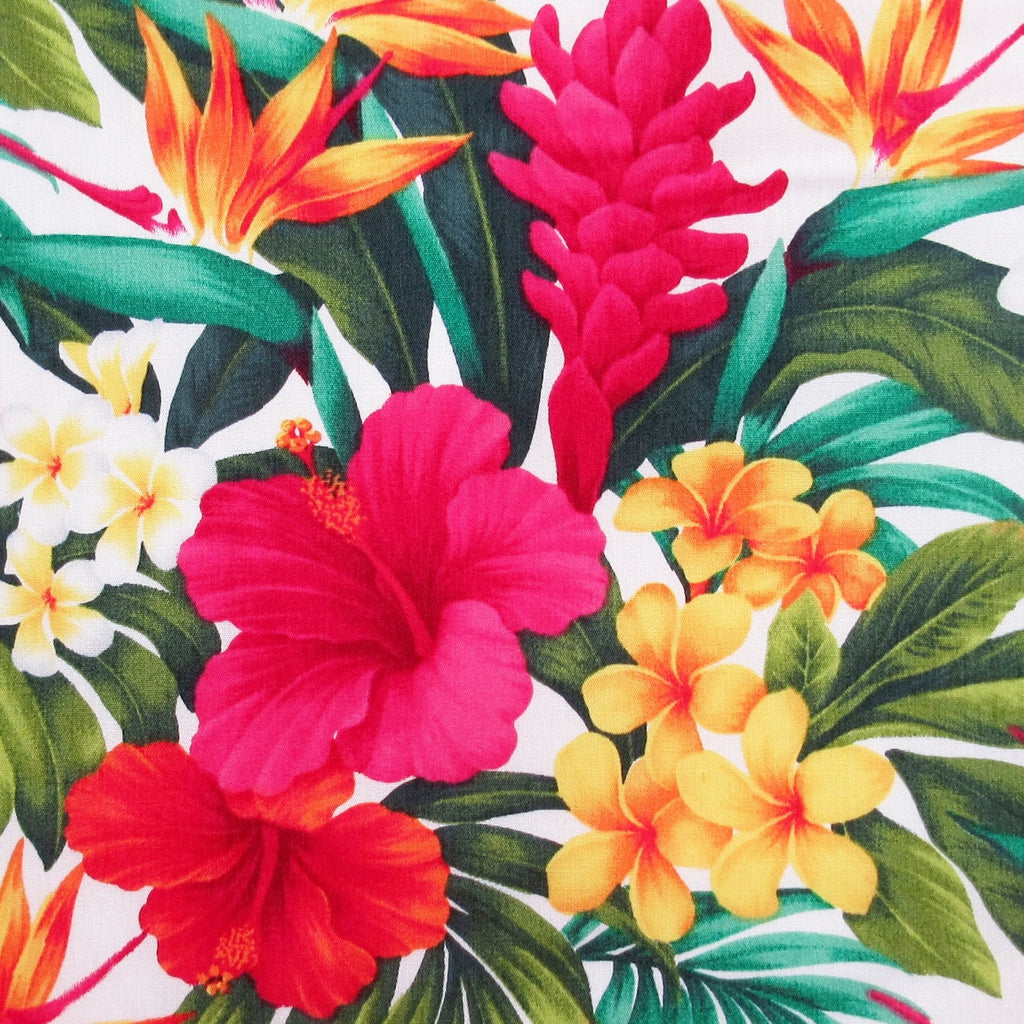 Hawaiian Fabric, Paradise Island Floral on White, By the Half or Full Yard