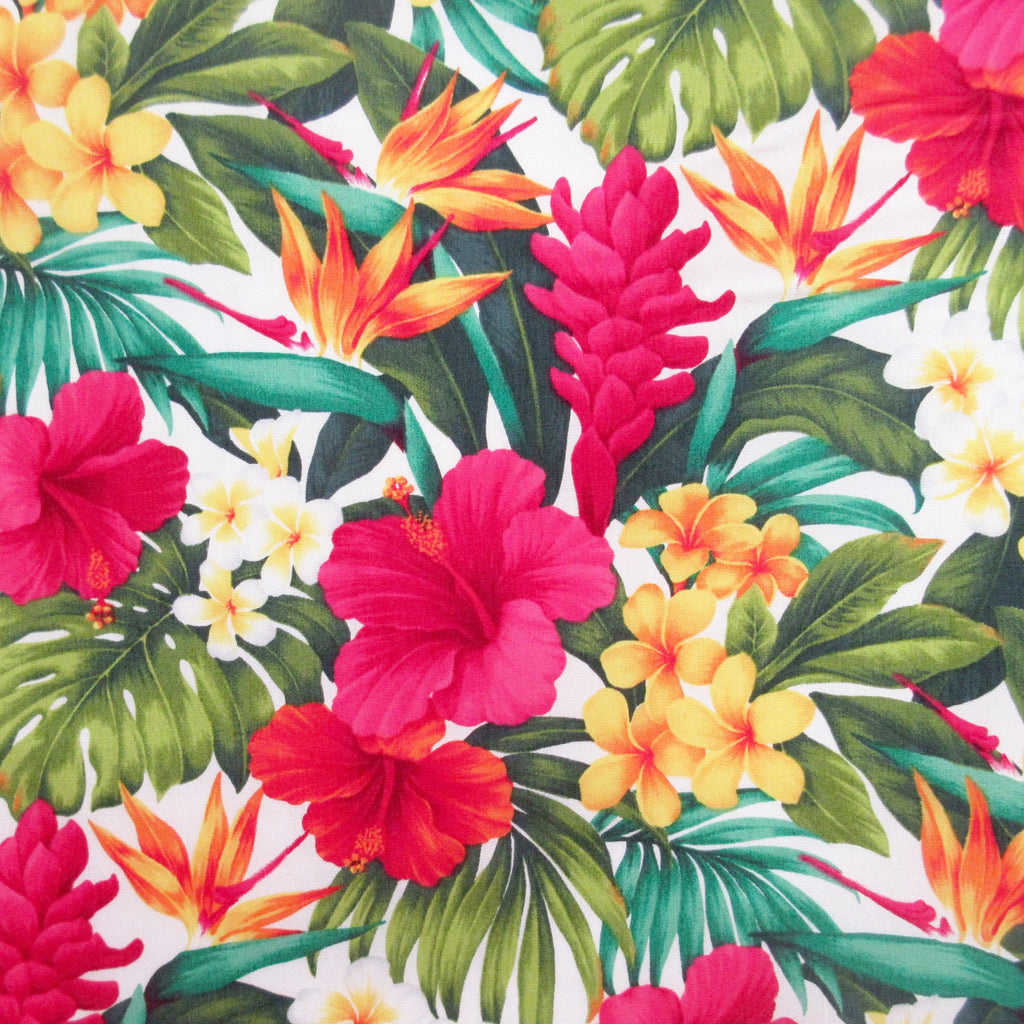 Hawaiian Fabric, Paradise Island Floral on White, By the Half or Full Yard