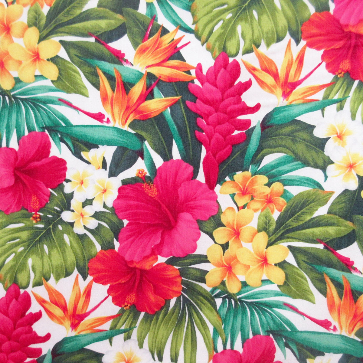 Hawaiian Fabric, Paradise Island Floral on White, By the Half or Full Yard