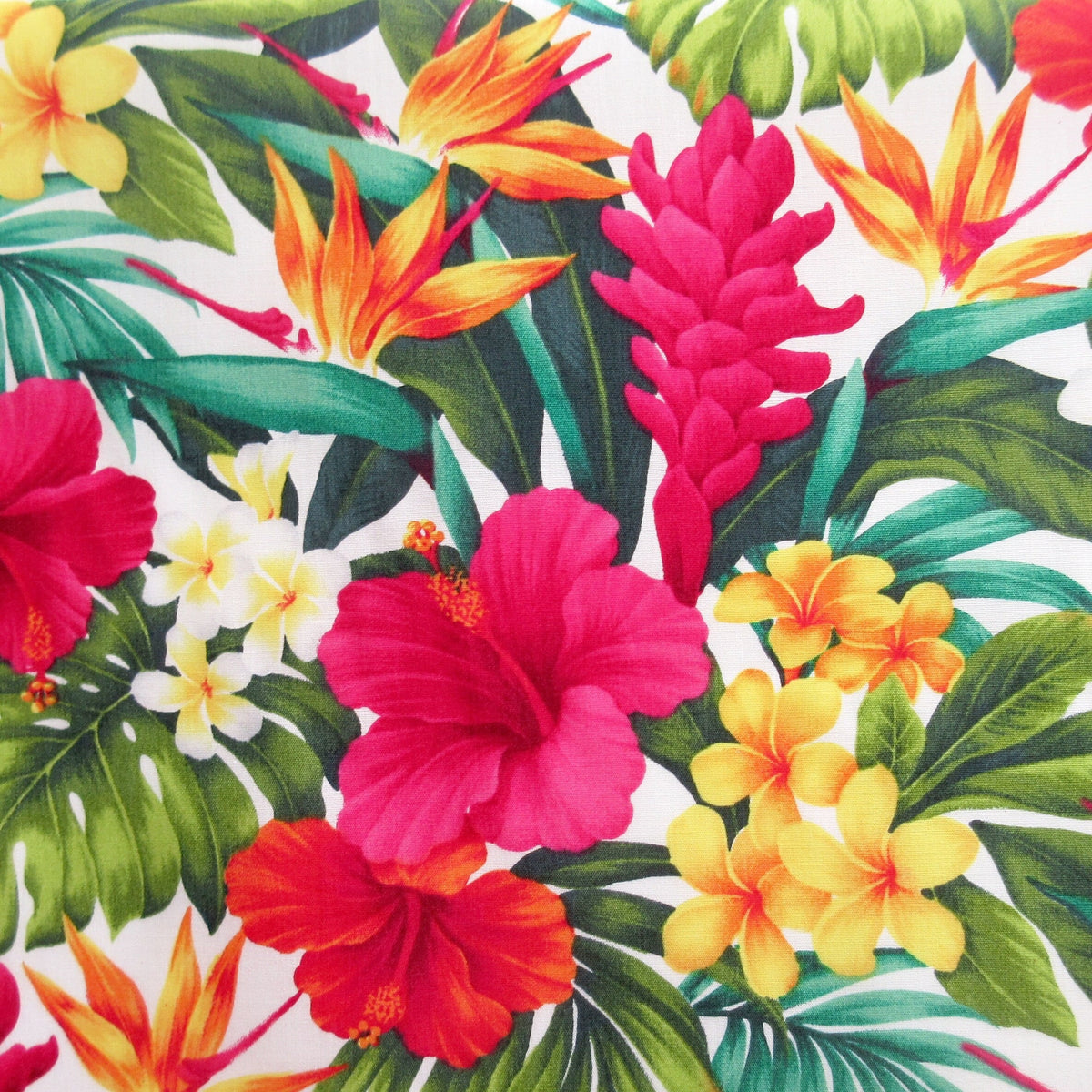 Hawaiian Fabric, Paradise Island Floral on White, By the Half or Full Yard