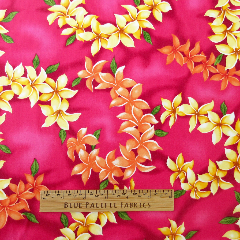 Hawaii Fabric, Island Plumeria Leis on Hot Pink, By the Half or Full Yard