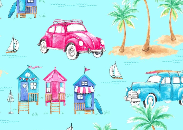 Beach Fabric, Surfside Cars by Freckle and Lollie, By the Half or Full Yard