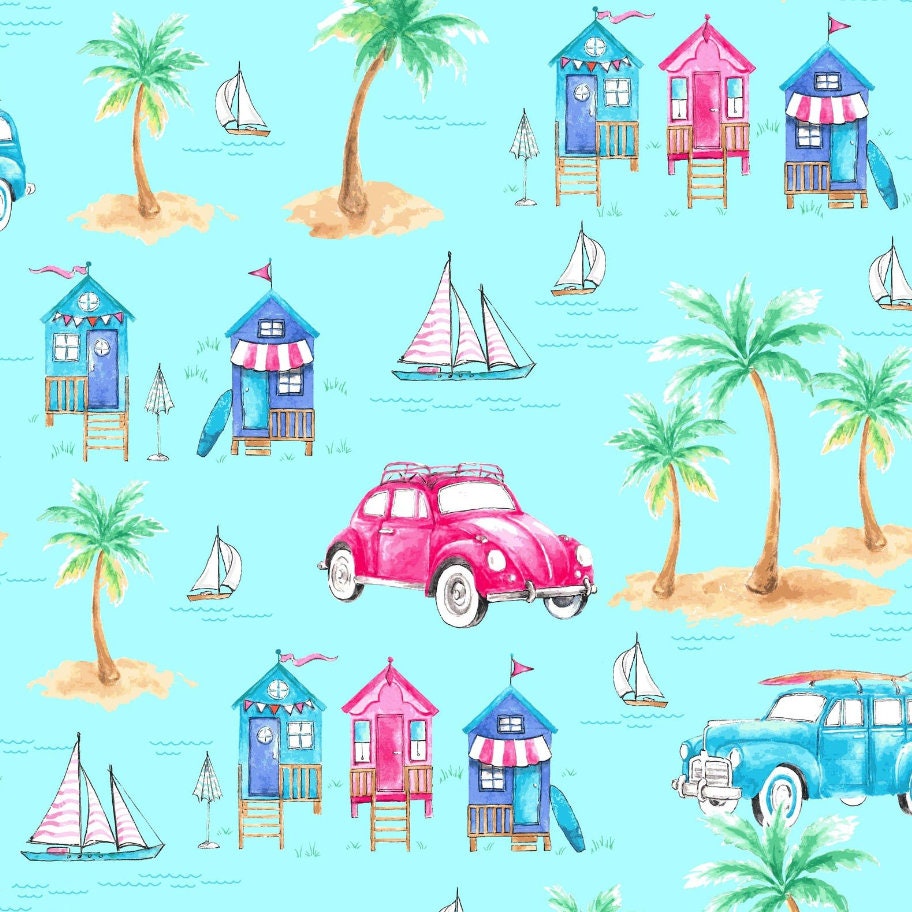 Beach Fabric, Surfside Cars by Freckle and Lollie, By the Half or Full Yard
