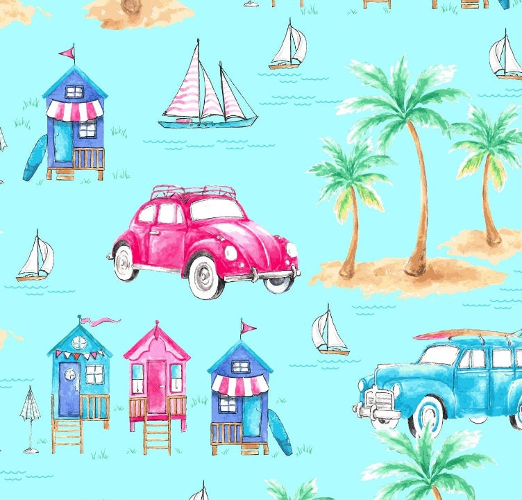 Beach Fabric, Surfside Cars by Freckle and Lollie, By the Half or Full Yard