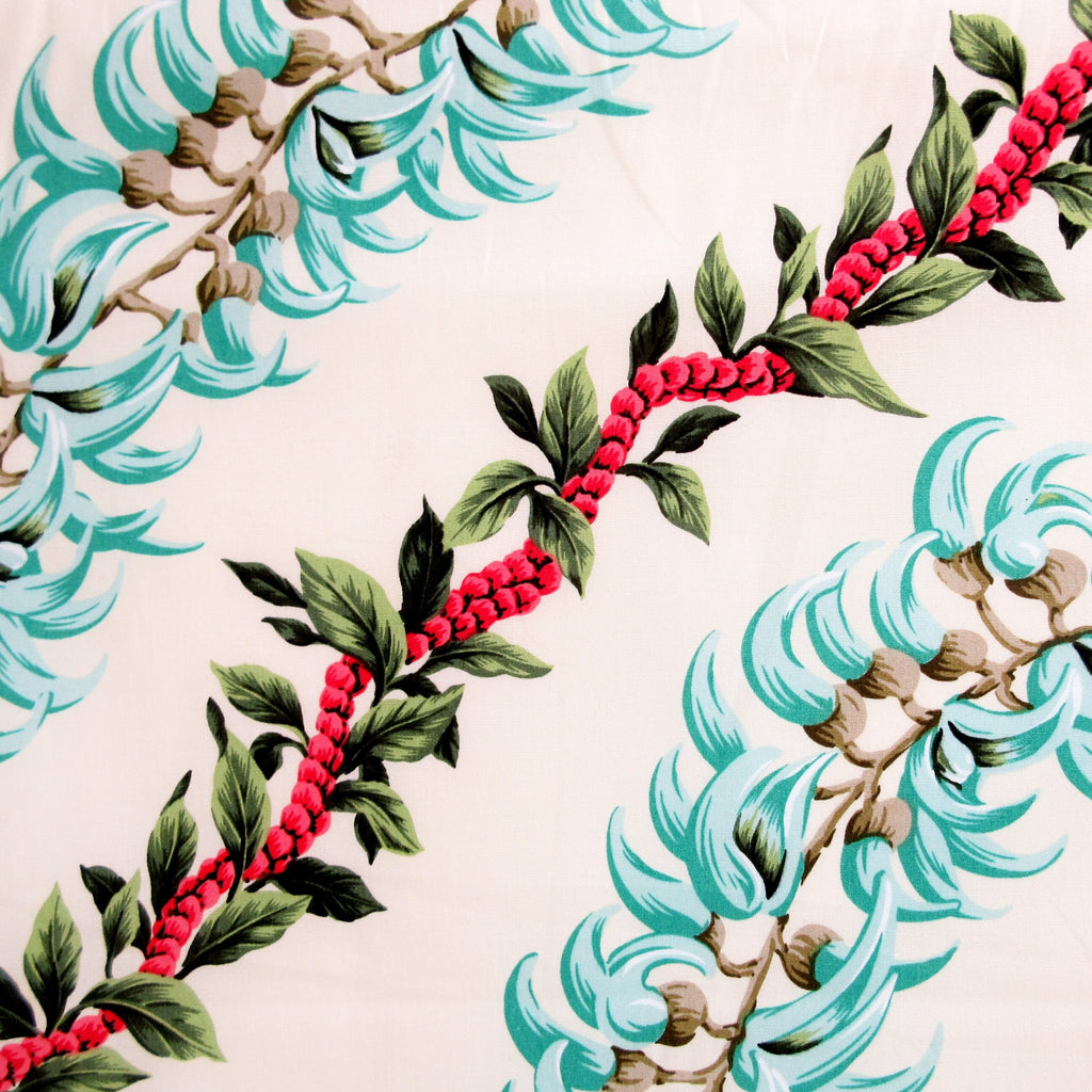 Hawaii Fabric, Island Flower Leis on Cream, Large Scale Print, By the Half or Full Yard