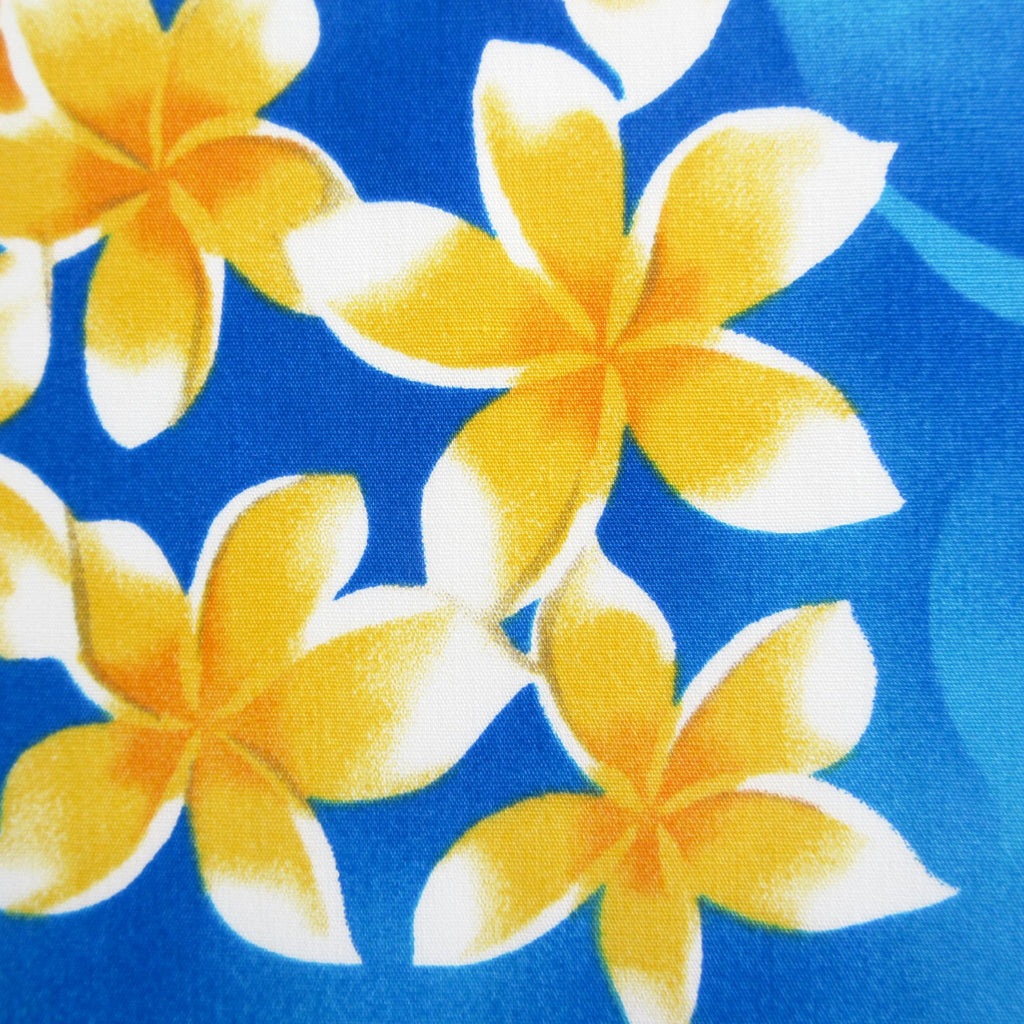 Floral Fabric, Blockbuster Plumeria on Blue, Tropical Hawaiian, By the Half or Full Yard