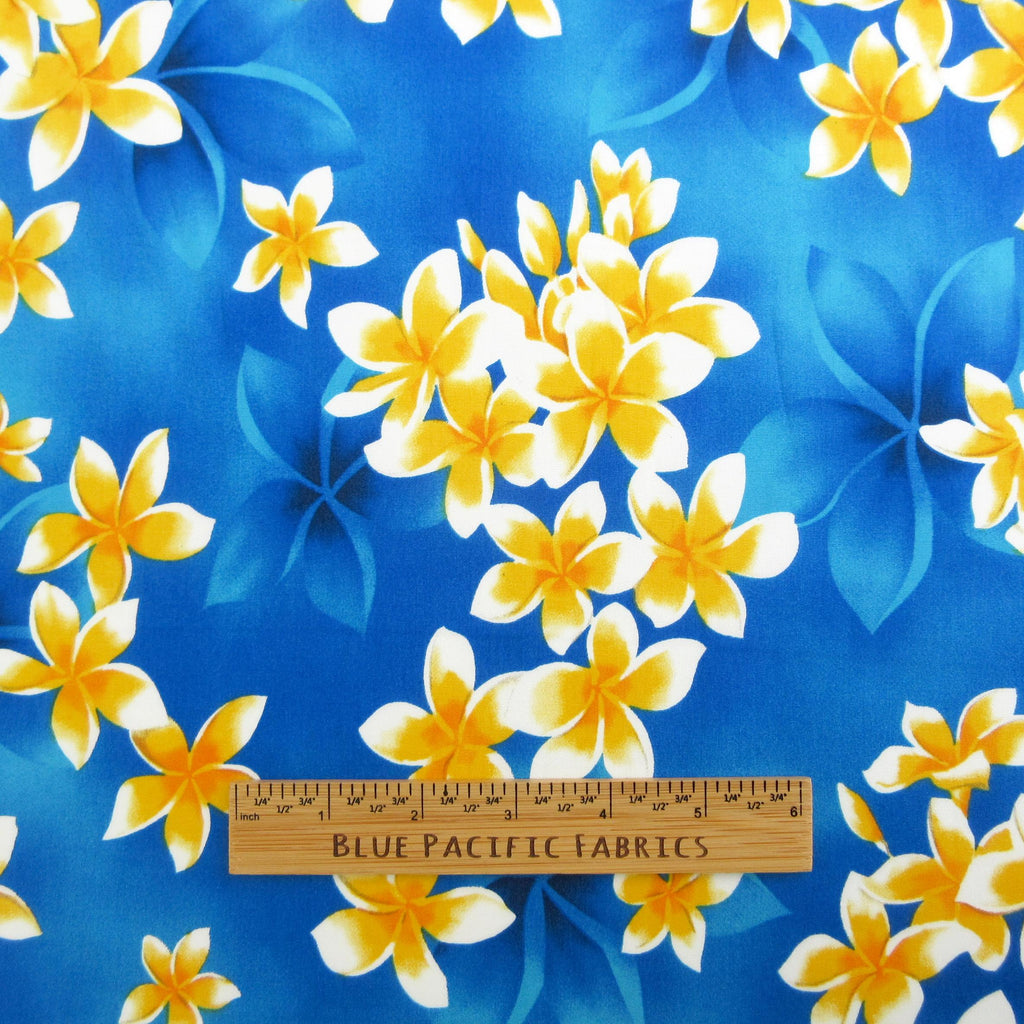 Floral Fabric, Blockbuster Plumeria on Blue, Tropical Hawaiian, By the Half or Full Yard