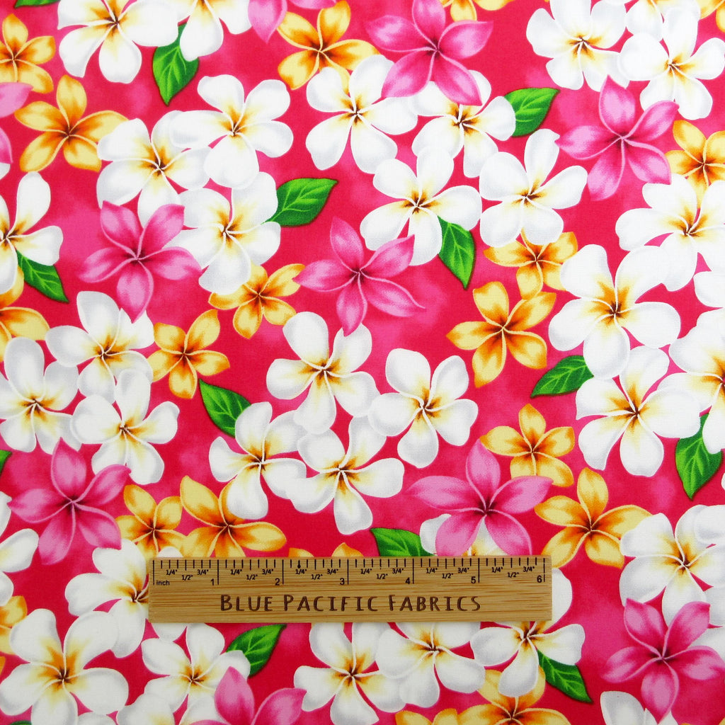 Floral Fabric, Pacific Plumeria Bouquet on Pink, Tropical Hawaiian, By the Half or Full Yard