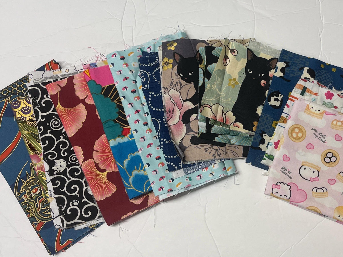 Asian Fabric Scrap Bag SURPRISE, Asian Theme, Assorted Florals Dragons Geisha and More