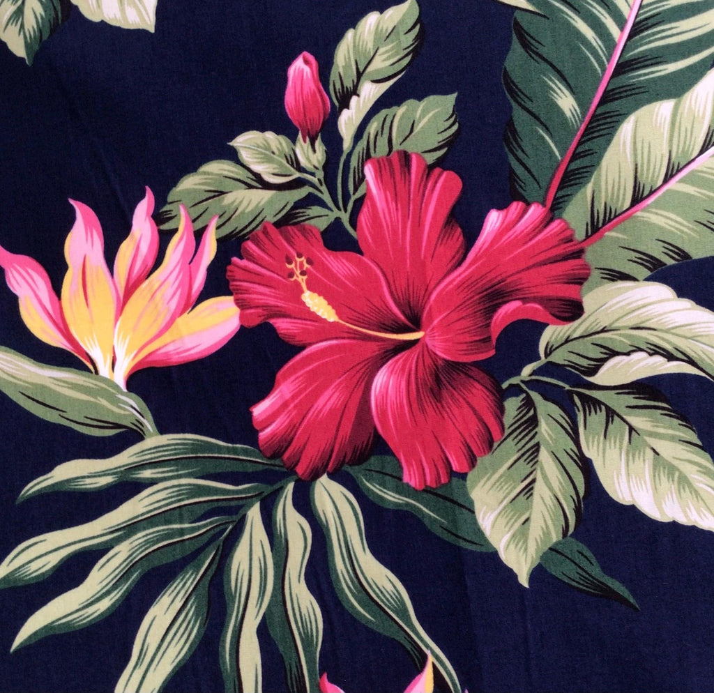 Tropical Fabric, Makai Hibiscus Floral on Navy Blue, By the Half or Full Yard