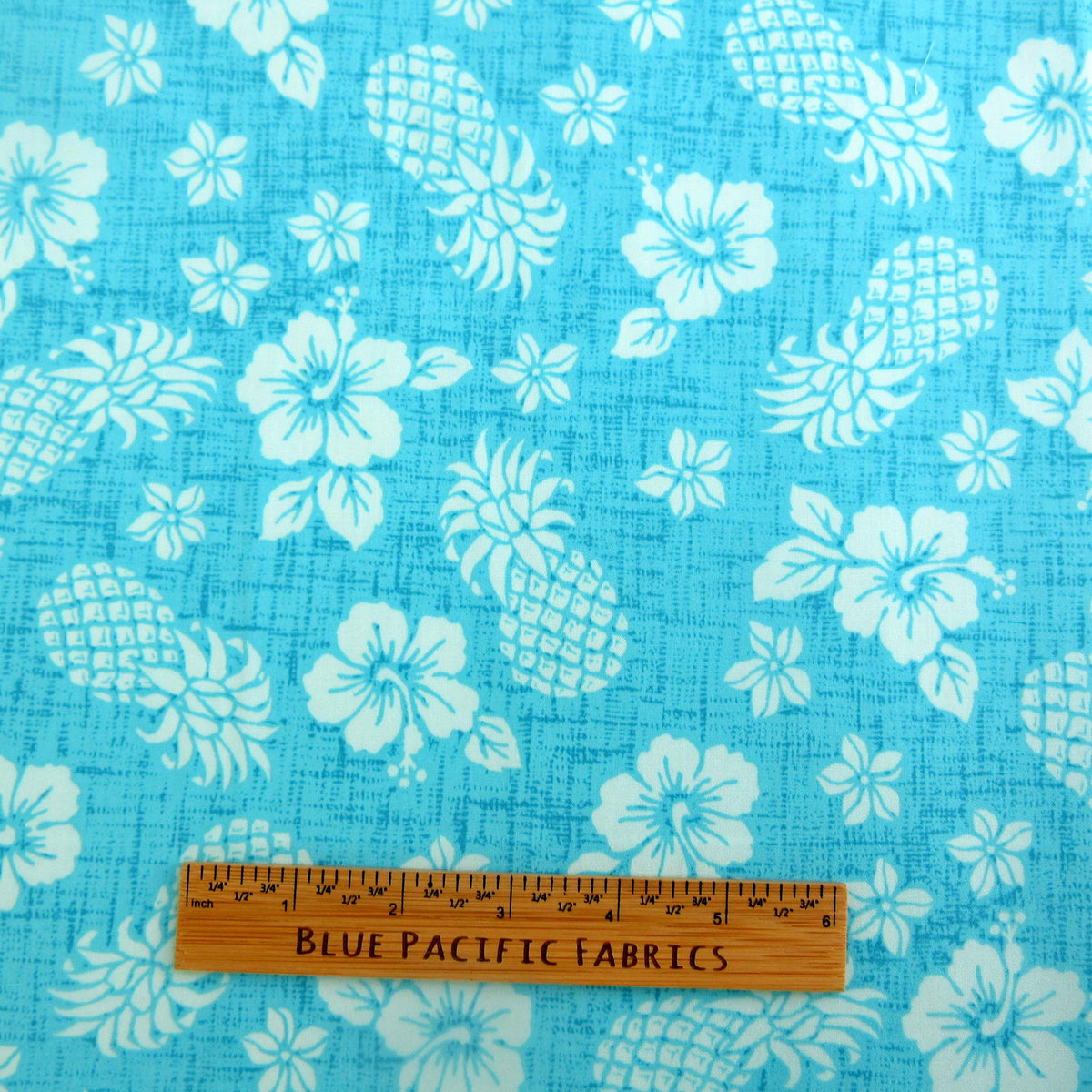 Hawaii Fabric, Aloha Pineapple Floral in Turquoise, Tropical Hawaiian, By the Half or Full Yard