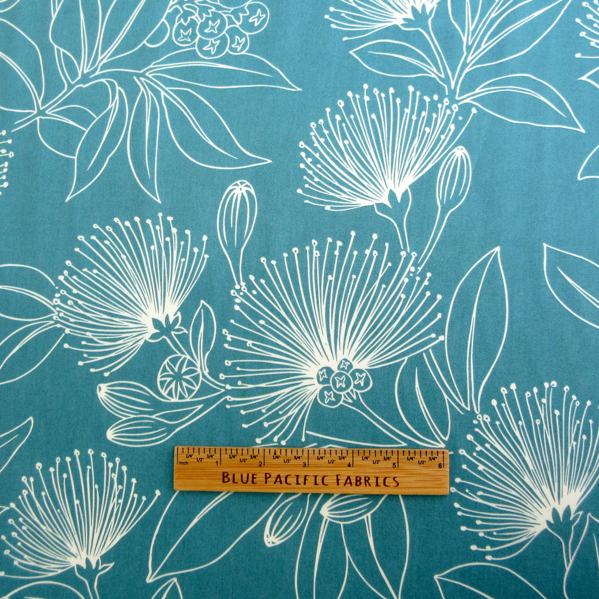 Fabric, Big Lehua Blooms on Teal, Large Scale Tropical Hawaiian, By the Half or Full Yard