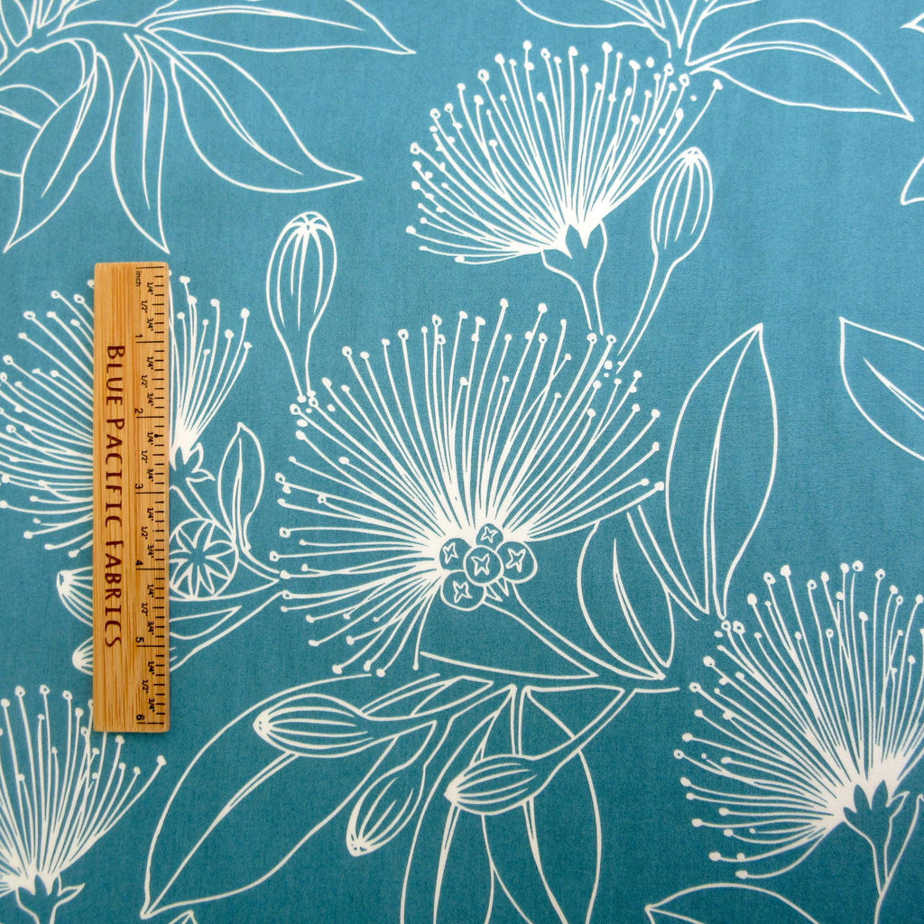 Fabric, Big Lehua Blooms on Teal, Large Scale Tropical Hawaiian, By the Half or Full Yard