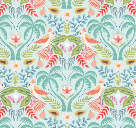 Tropical Fabric, Soft Tropics Paradise on Aqua, Paradise by Lewis and Irene, By the Half or Full Yard