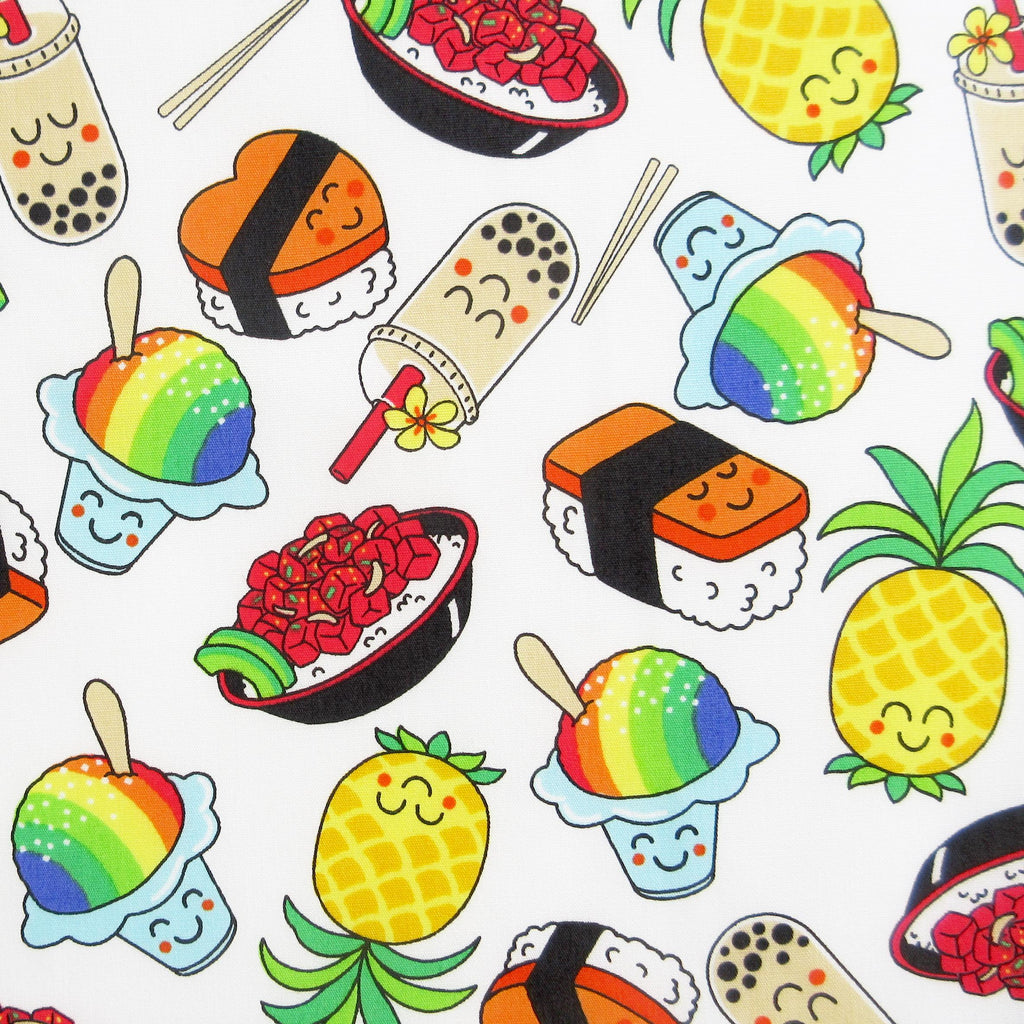 Fabric, Happy Hawaiian Snacks on White, By the Half or Full Yard