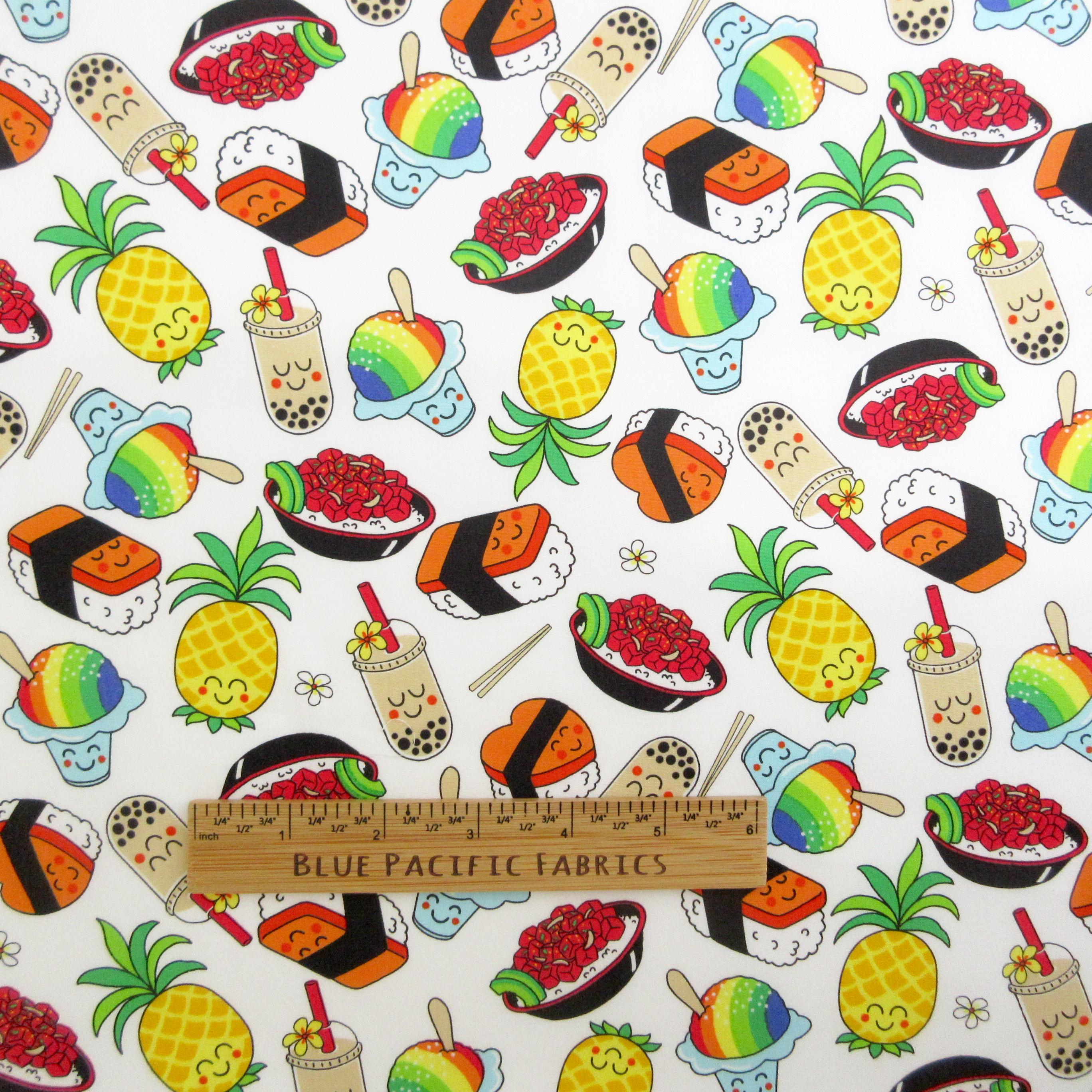 Fabric, Happy Hawaiian Snacks on White, By the Half or Full Yard