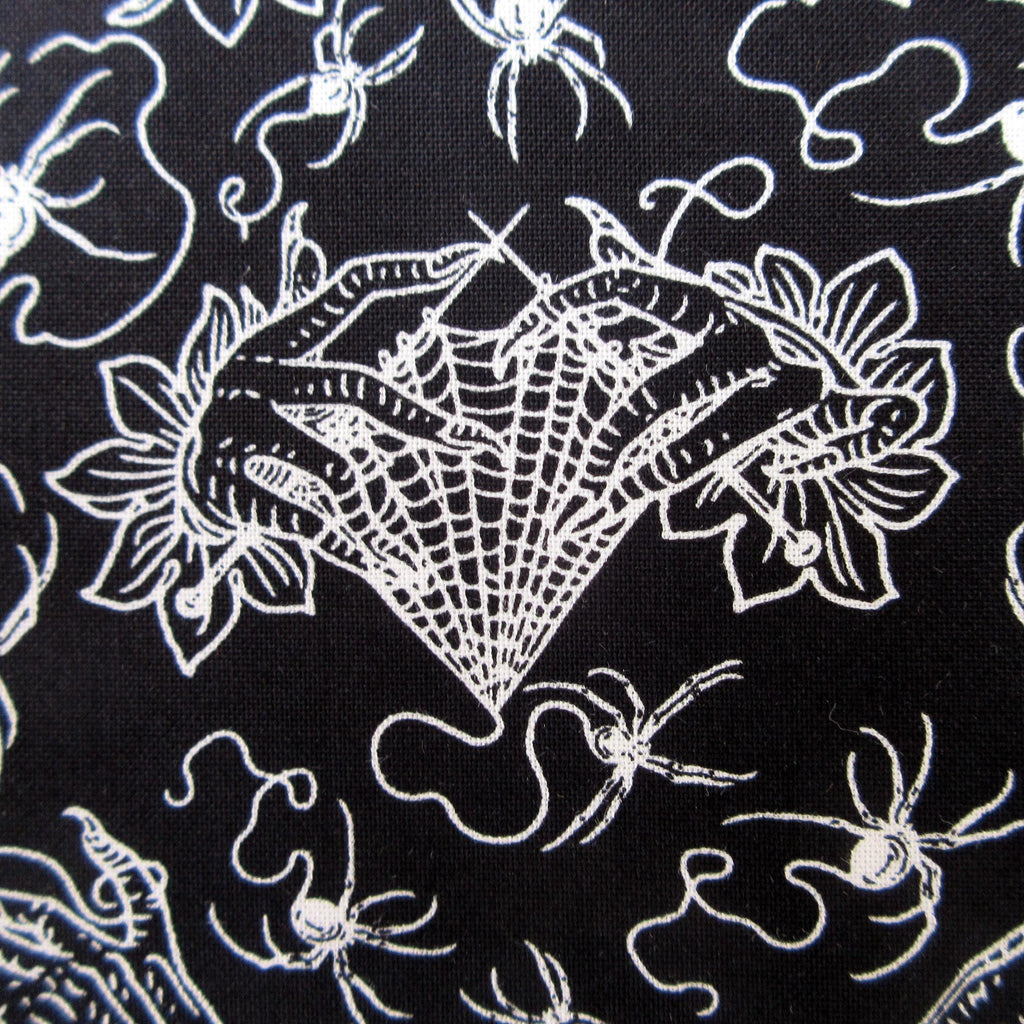 Spider Fabric, Small Cobweb Lace Knitting on Black, Costumes and Cobwebs by Free Spirit, By the Half or Full Yard