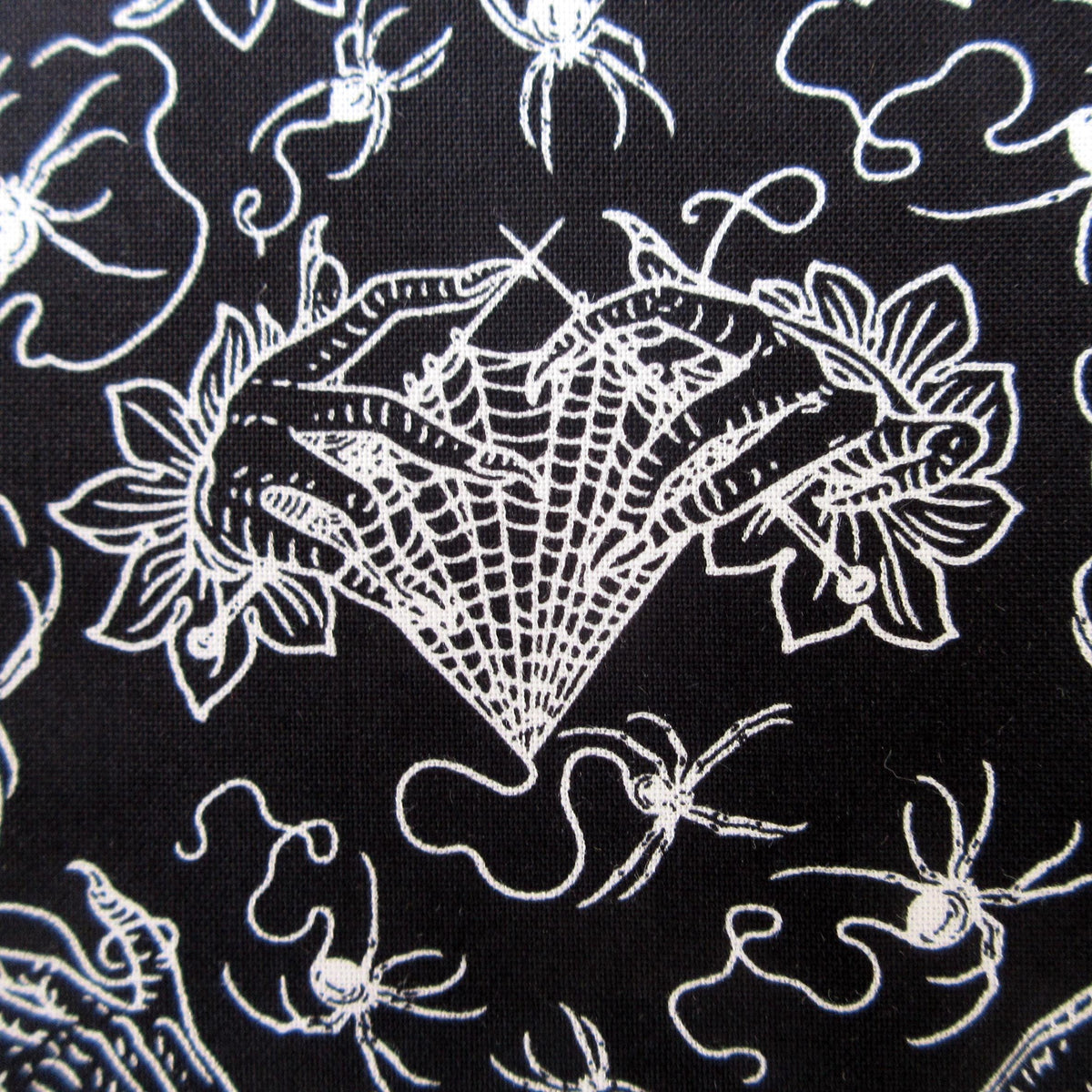 Spider Fabric, Small Cobweb Lace Knitting on Black, Costumes and Cobwebs by Free Spirit, By the Half or Full Yard