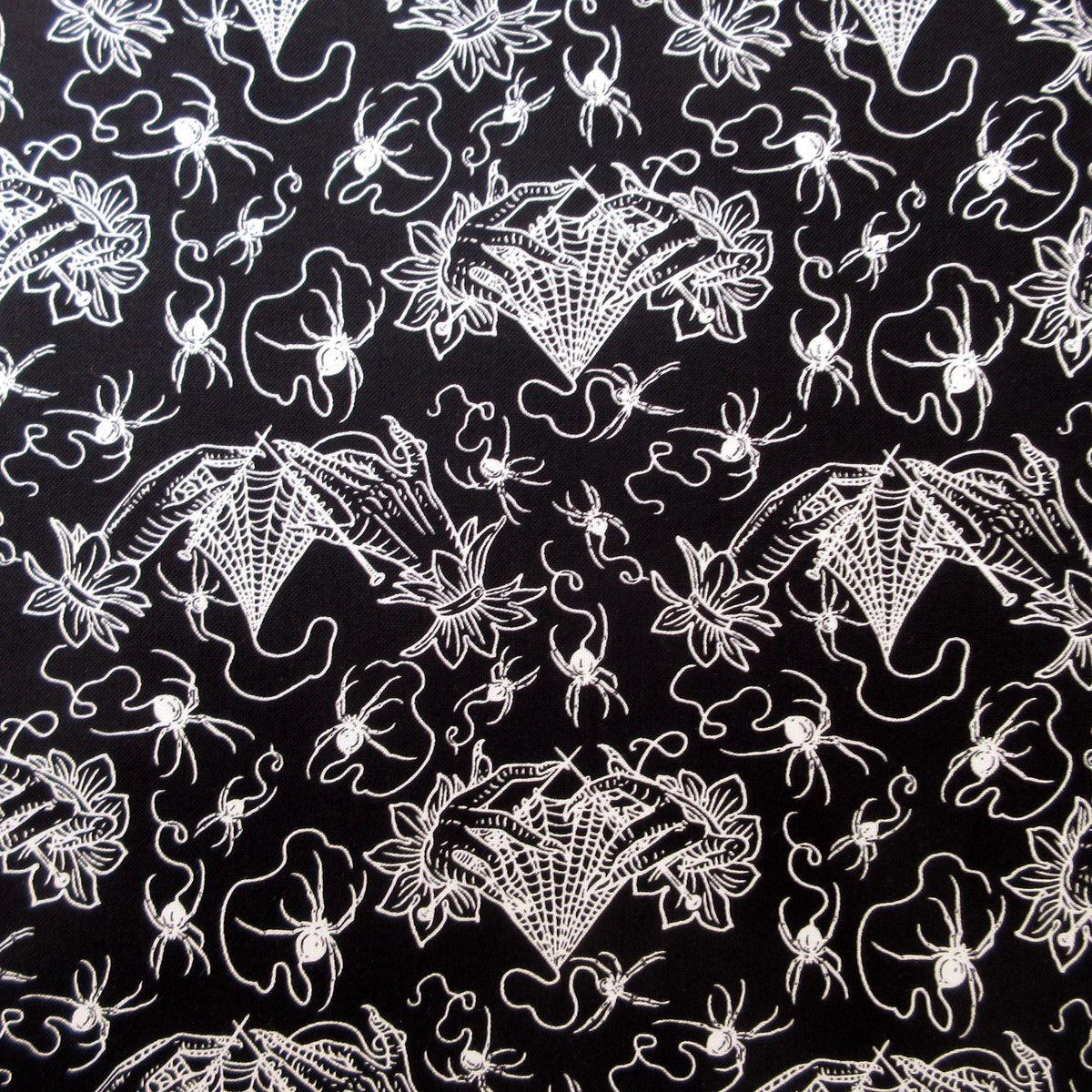 Spider Fabric, Small Cobweb Lace Knitting on Black, Costumes and Cobwebs by Free Spirit, By the Half or Full Yard